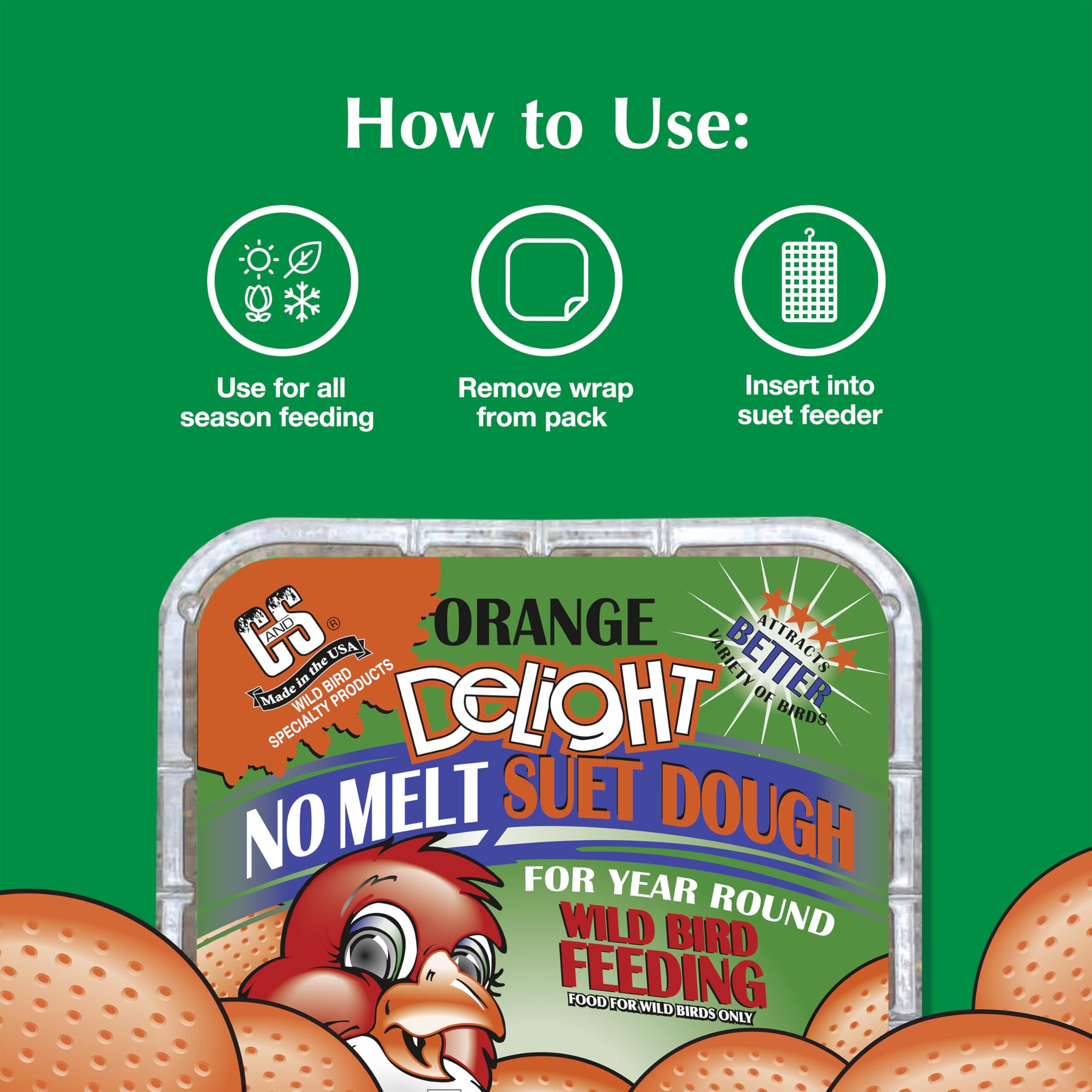 Backyard feeder with C&S Orange Delight No Melt Suet Dough.