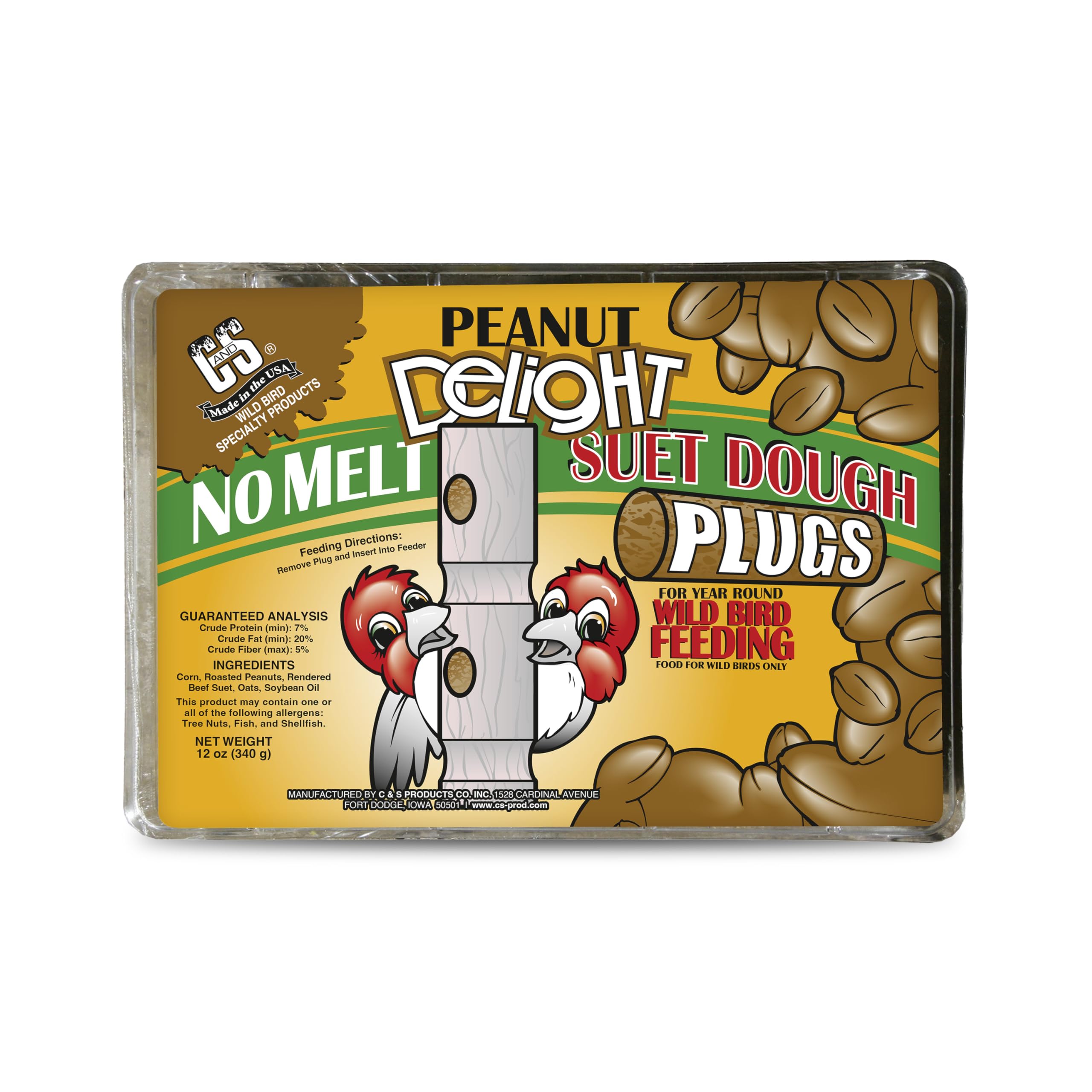 C&S Peanut Delight No Melt Suet Dough Plug attracts woodpeckers and promotes natural foraging.