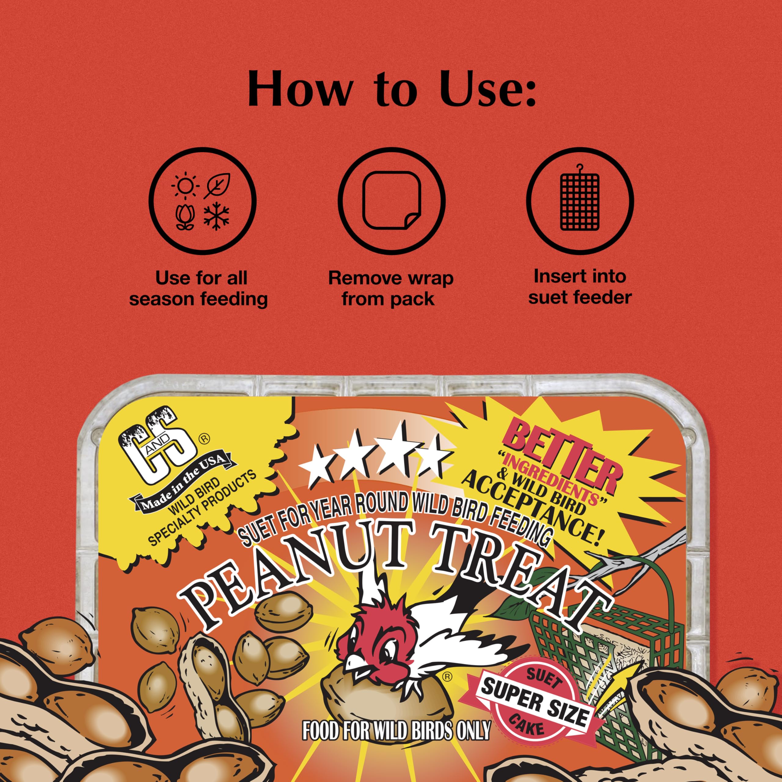 CS Peanut Suet Treat packaging shows eight cakes for ongoing feeding.