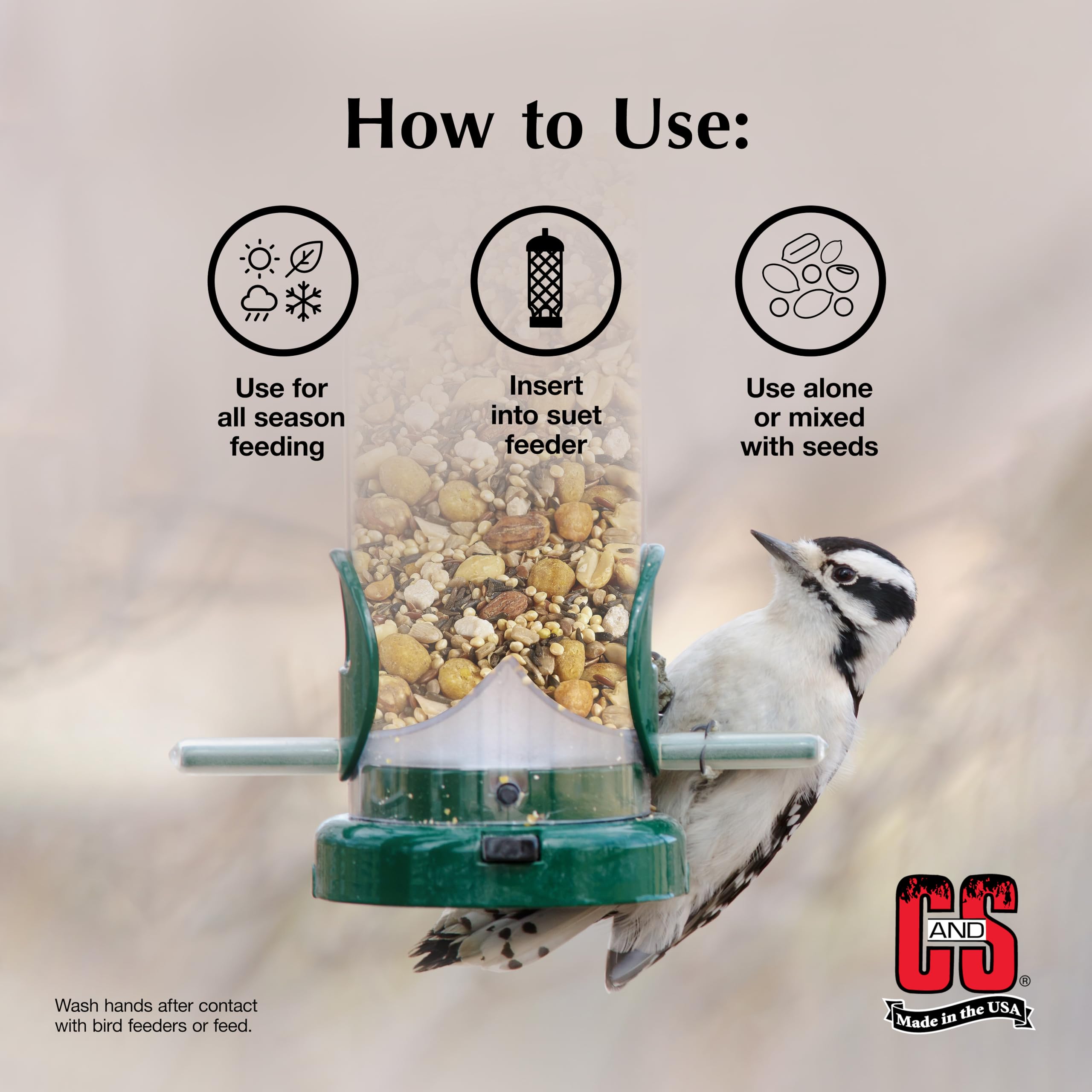 C&S Woodpecker Suet Nuggets on a feeder scene with birds nearby