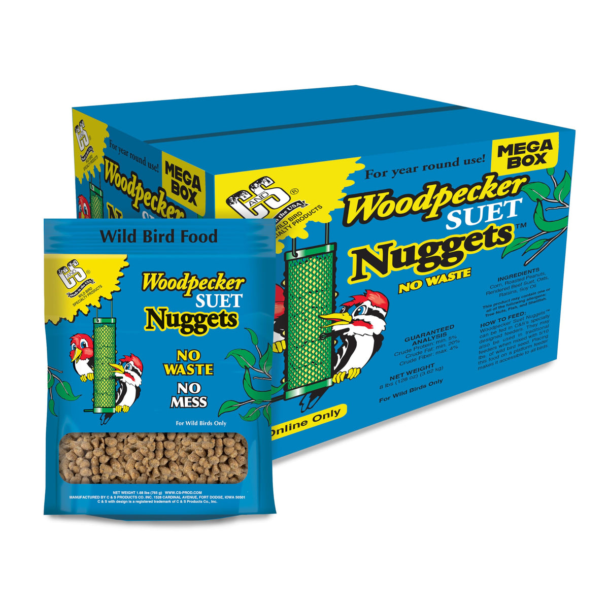 C&S Woodpecker Suet Nuggets mega box packaging attracts diverse backyard birds and simplifies feeding