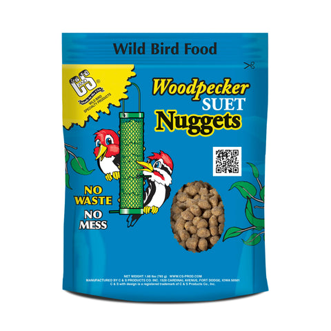 C&S Woodpecker Suet Nuggets packaging shown for a clean feeding solution in backyards