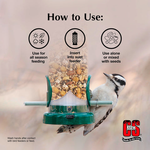 A woodpecker perched on a feeder enjoying C&S Woodpecker Suet Nuggets