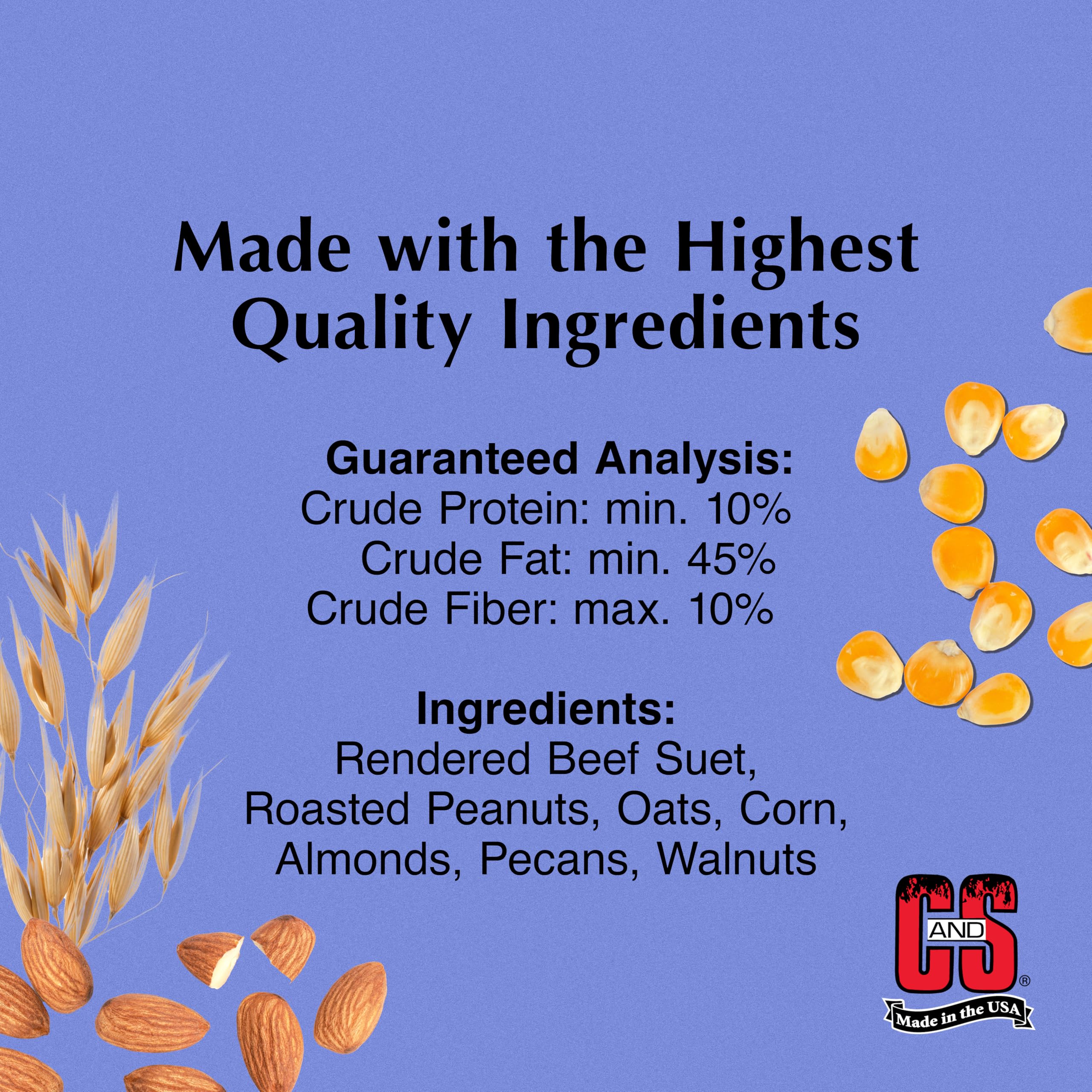 C&S Woodpecker Suet Treat ingredients highlight nuts and fats.