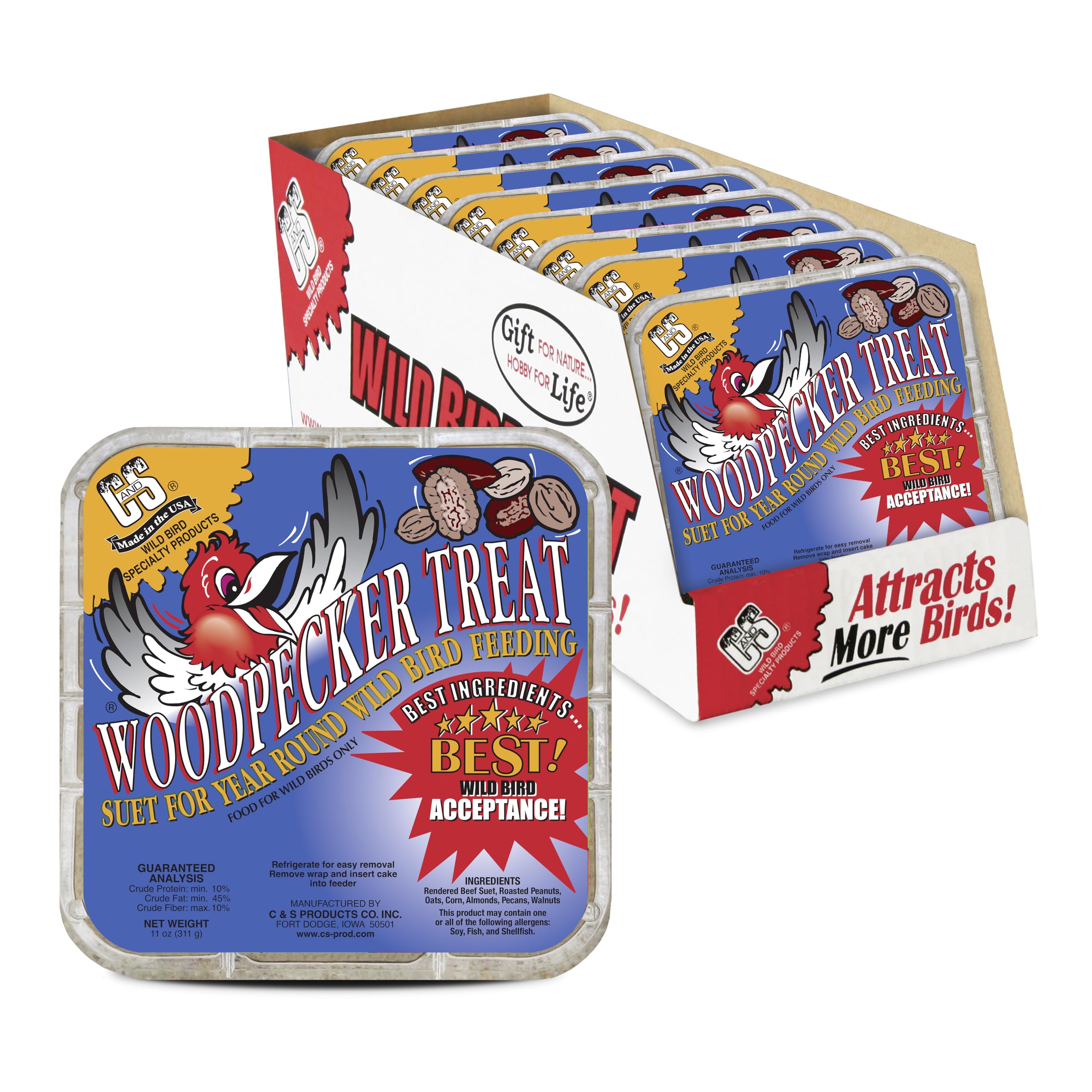 C&S Woodpecker Suet Treat front view, compact energy cake for year-round feeding.