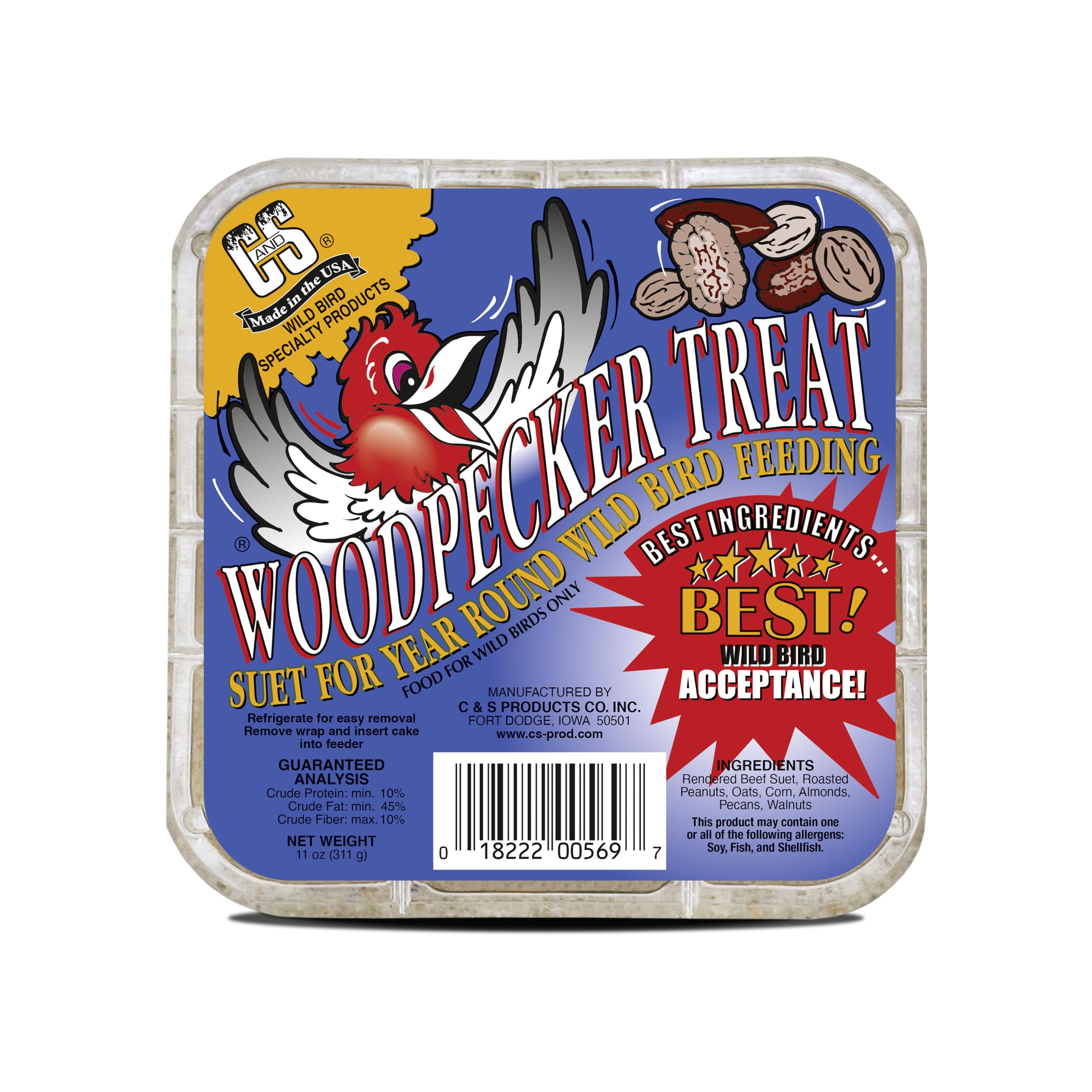 C&S Woodpecker Suet Treat in a wire feeder provides quick energy.