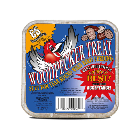 C&S Woodpecker Suet Treat in a wire feeder provides quick energy.
