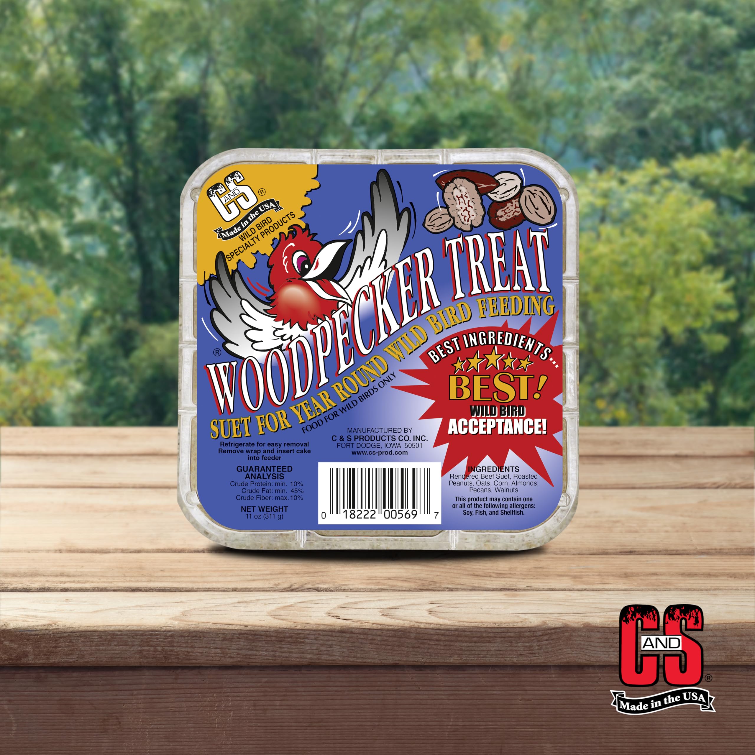 C&S Woodpecker Suet Treat includes peanuts and berries.