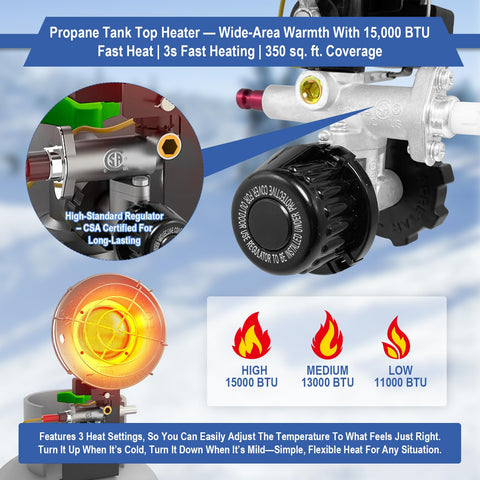 CSZKJXPA propane heater with 3 heat settings dial for precise comfort outdoors