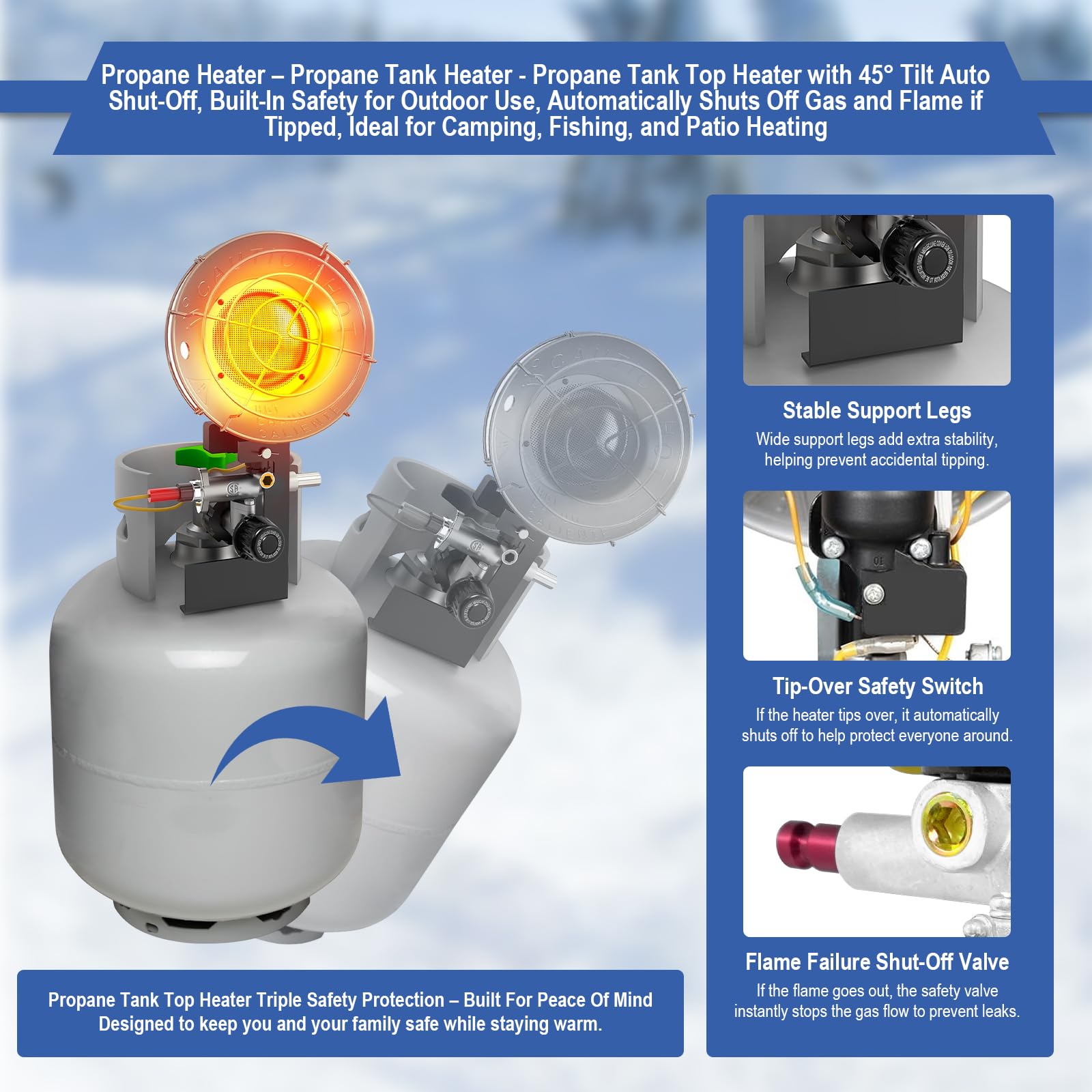CSZKJXPA safety features mesh guard and tip-over valve for safer operation