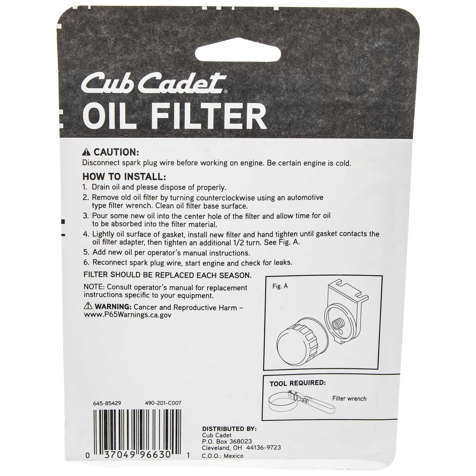 Cub Cadet oil filter 490-201-C007 installed on mower for maintenance readiness