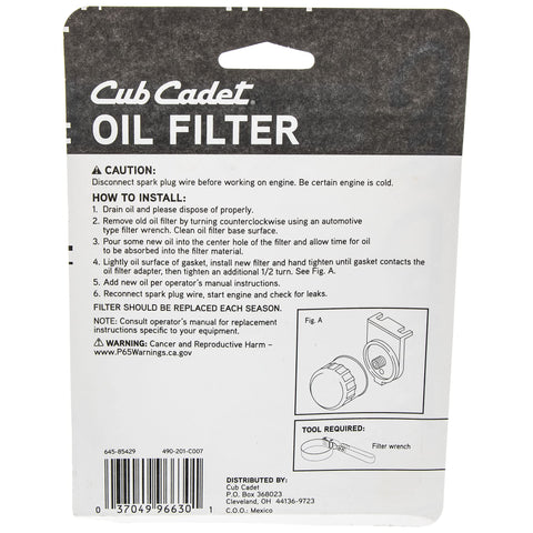 Cub Cadet oil filter 490-201-C007 installed on mower for maintenance readiness