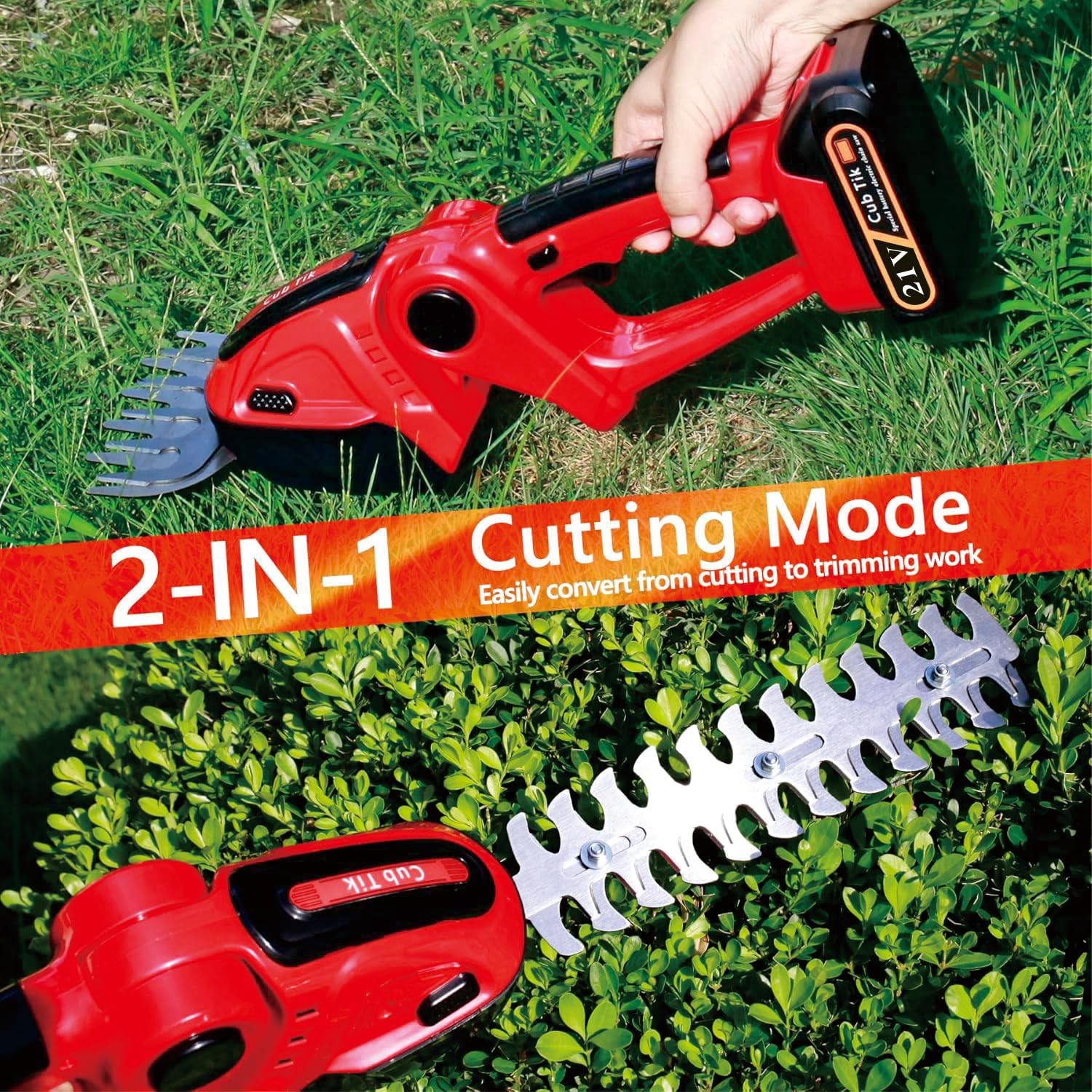 Cub Tik 2-in-1 grass shear blade in action for precise trims.