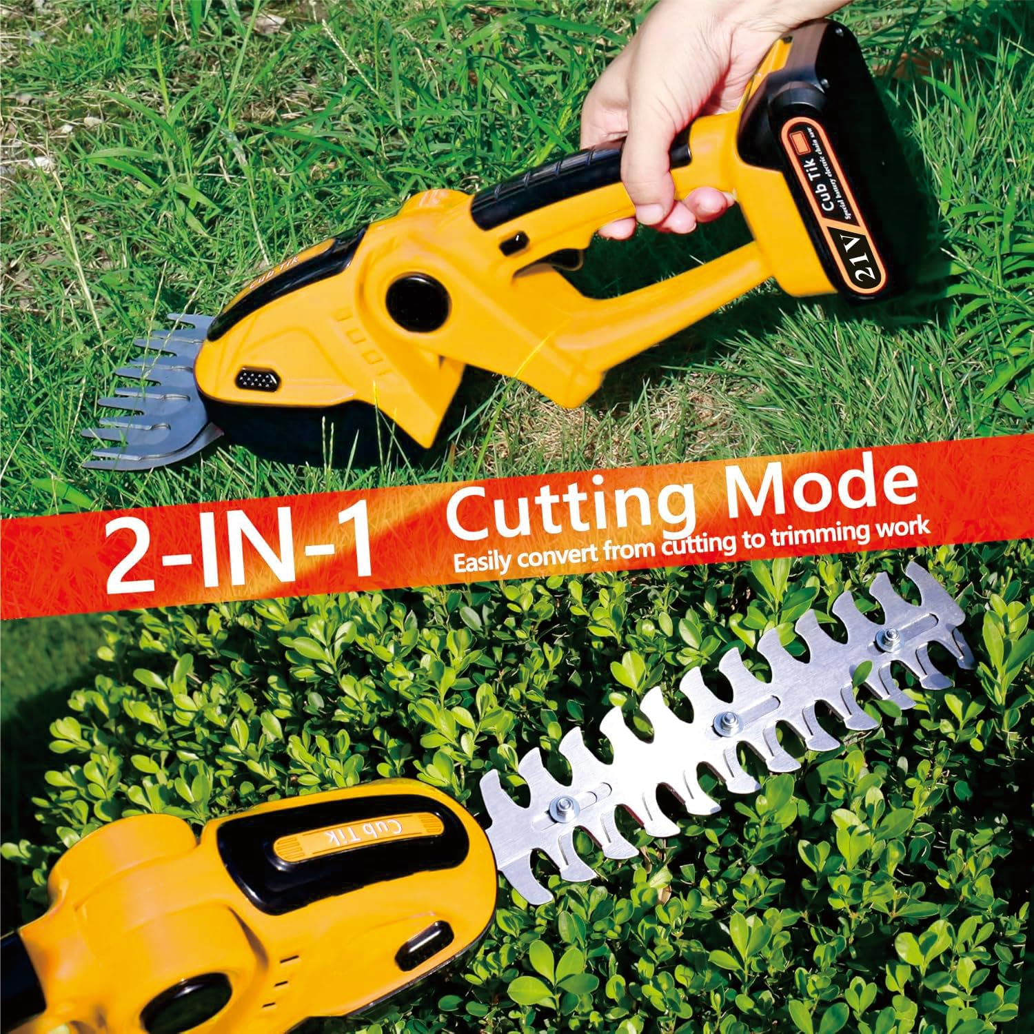 Cub Tik 21V battery provides extended run time for outdoor trimming.