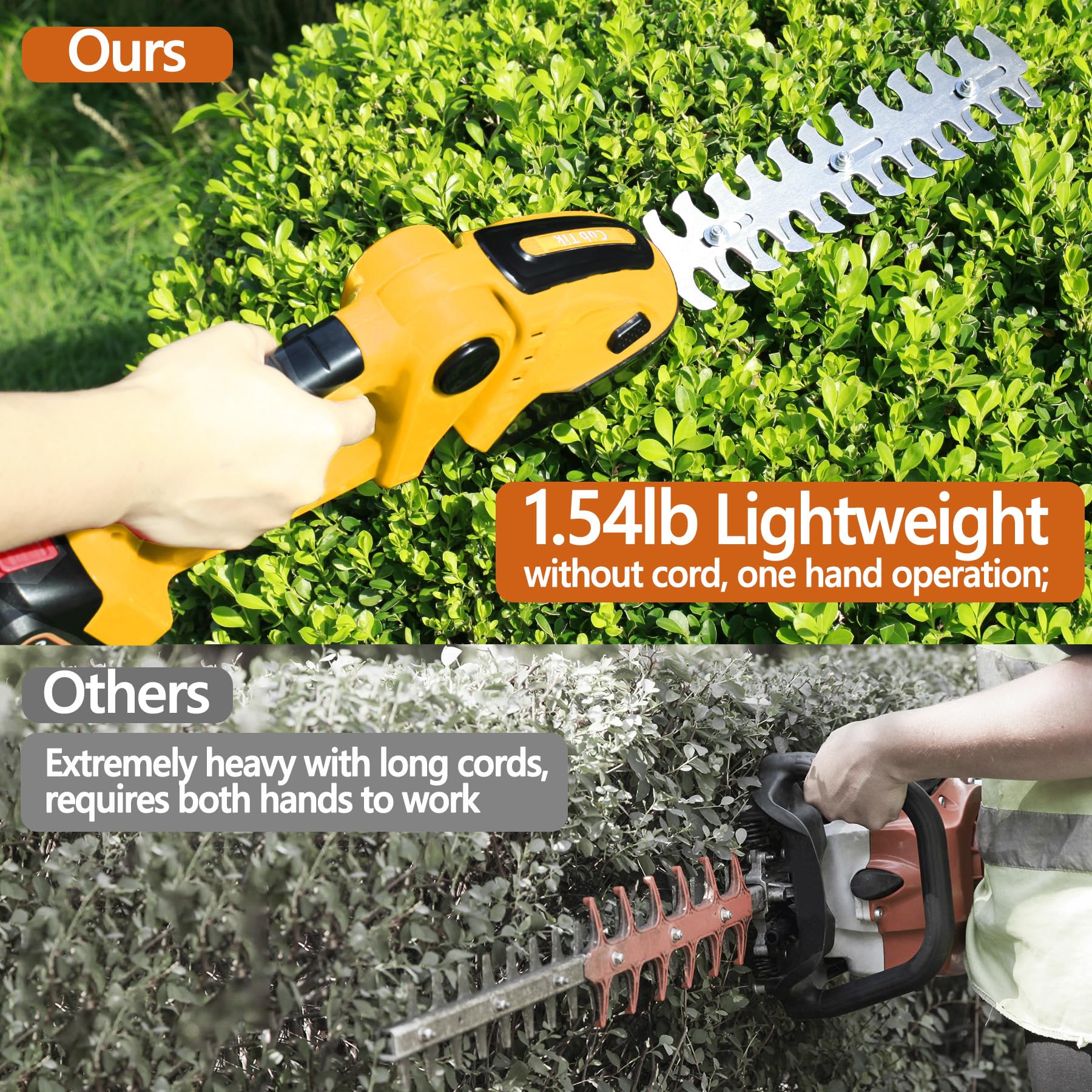 Cub Tik hedge trimmer head adjustable at 45, 60, or 90 degrees.