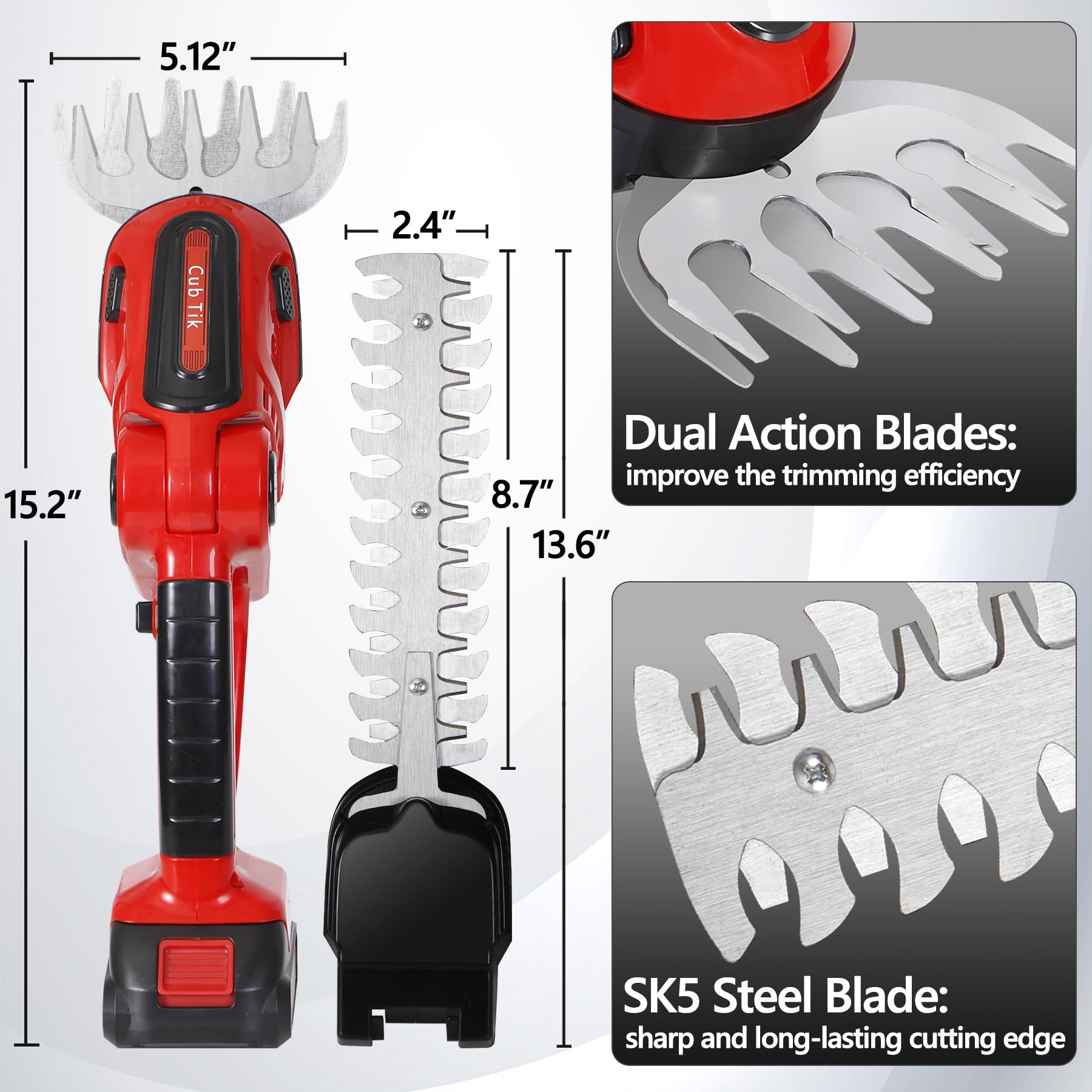 Cub Tik 2-in-1 side view highlights adjustable head for tight corners.