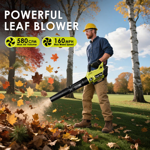 Dual 4Ah batteries powering the Cub Tik blower for extended outdoor tasks