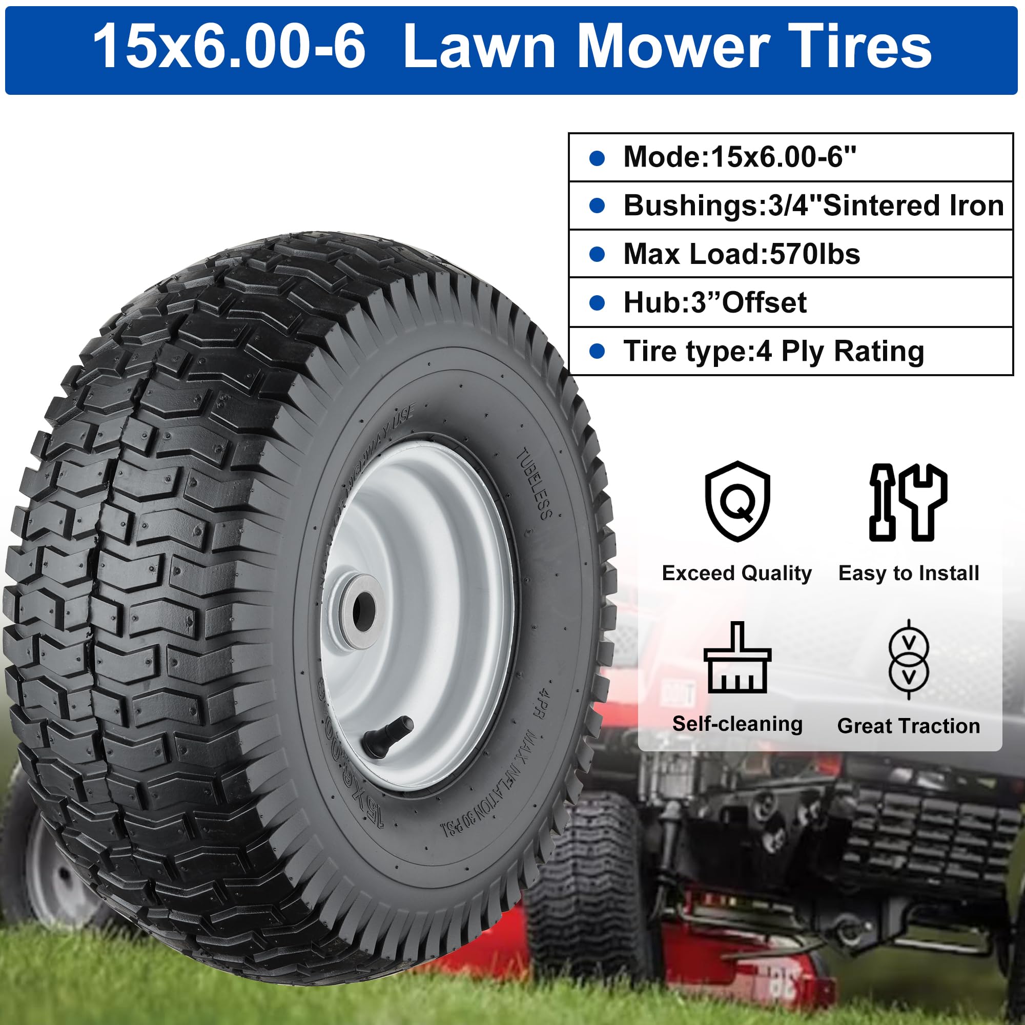 Cubesprings 15x6-00-6 four ply tubeless tire delivers stable grip and smooth ride.