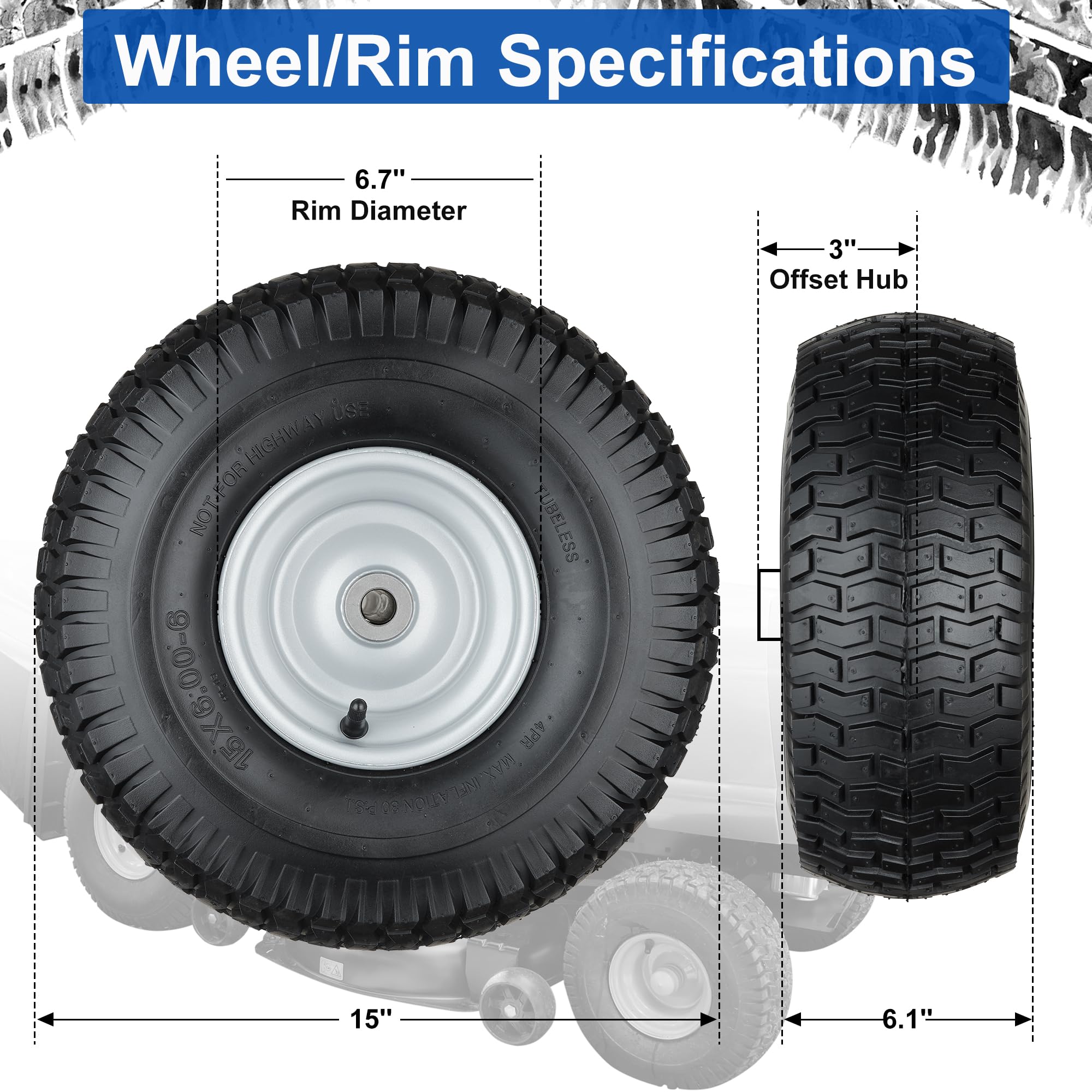 Cubesprings lawn mower tire sidewall close up shows sturdy all season rubber for durability.