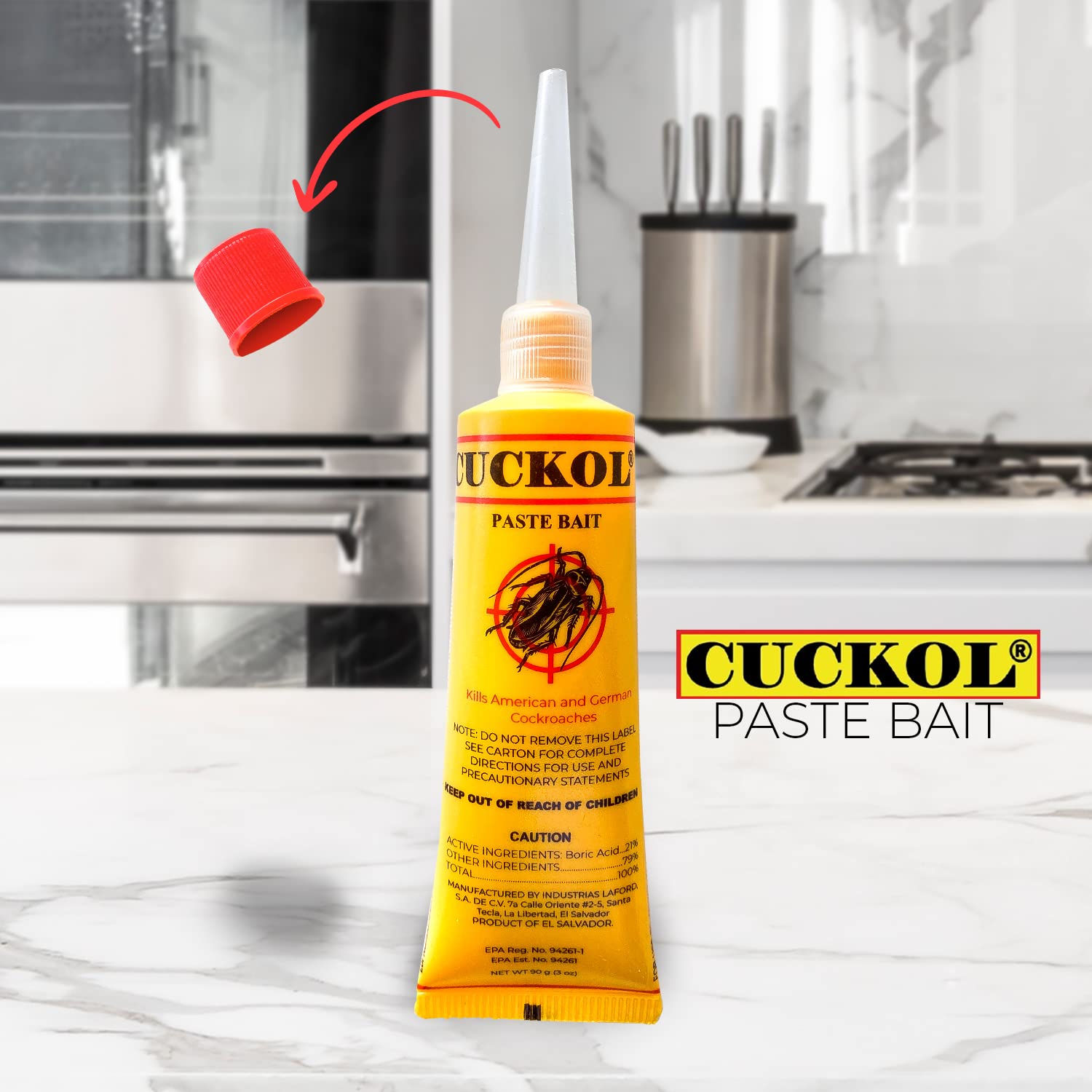Cuckol gel bait applicator shown for precise placement in cracks and crevices.