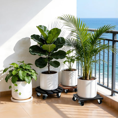 CuffUp rolling plant caddy enables smooth rotation on patios and floors