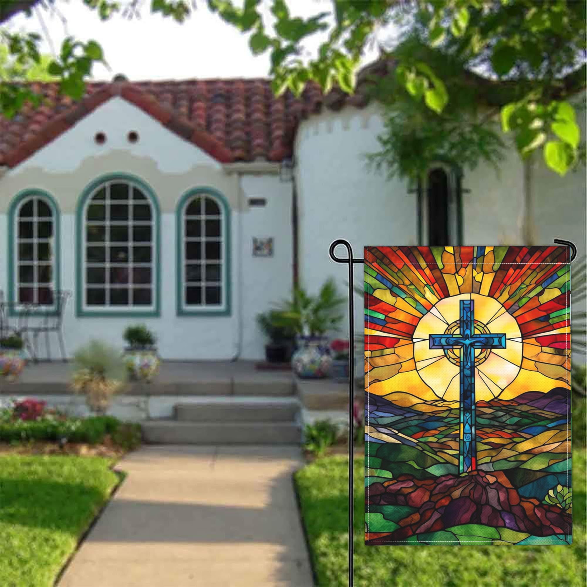 Cuiliqun Jesus Cross flag as porch or yard decor for Easter.