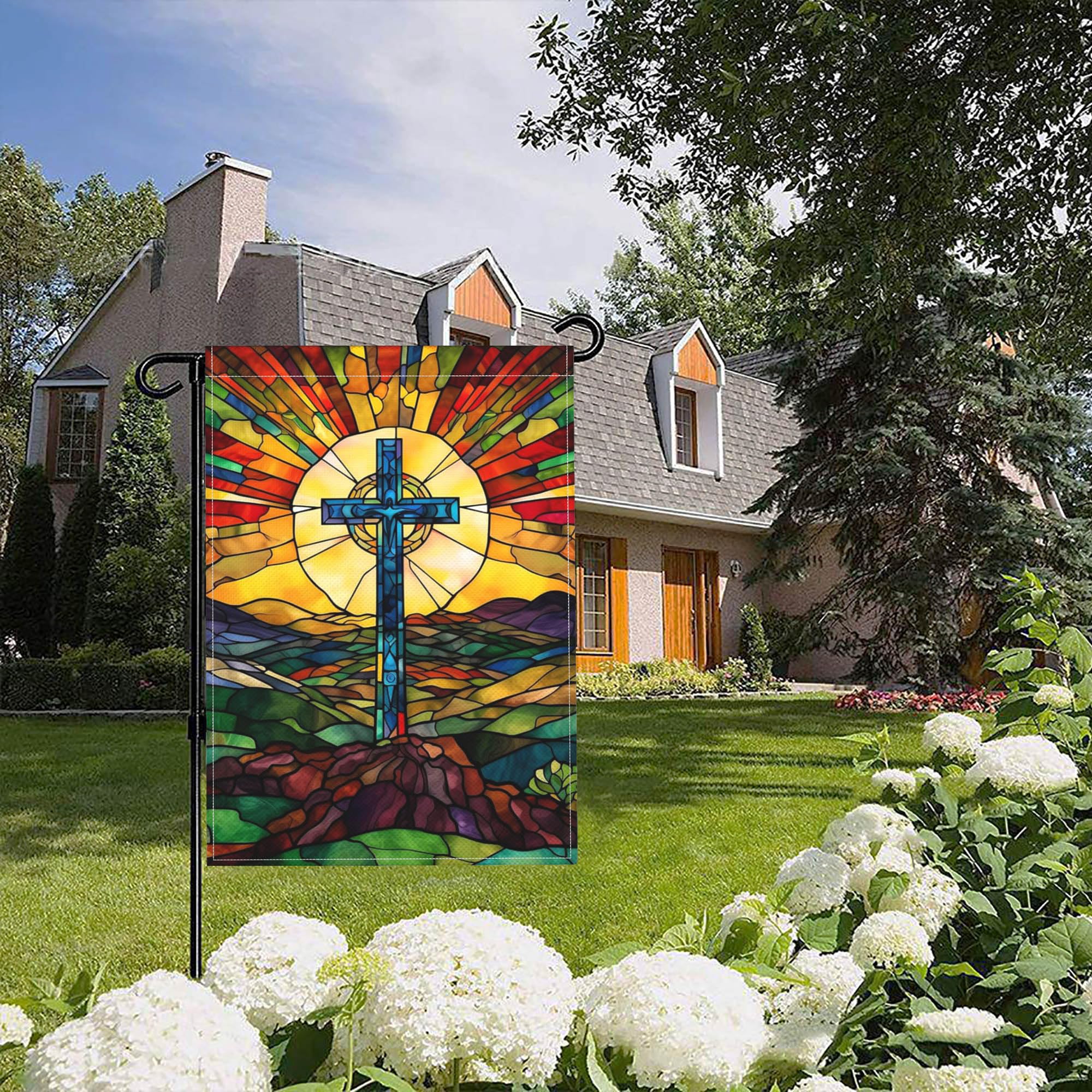 Cuiliqun Jesus Cross flag with stained glass back for double-sided visibility.