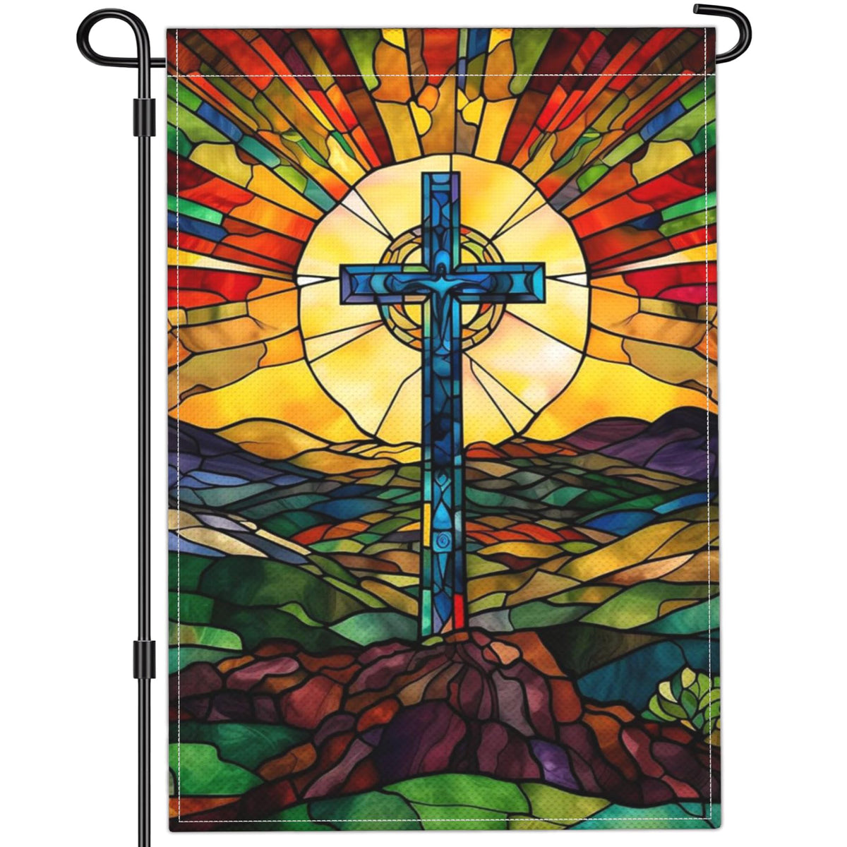 Cuiliqun Jesus Cross flag with stained glass front for outdoor garden display.