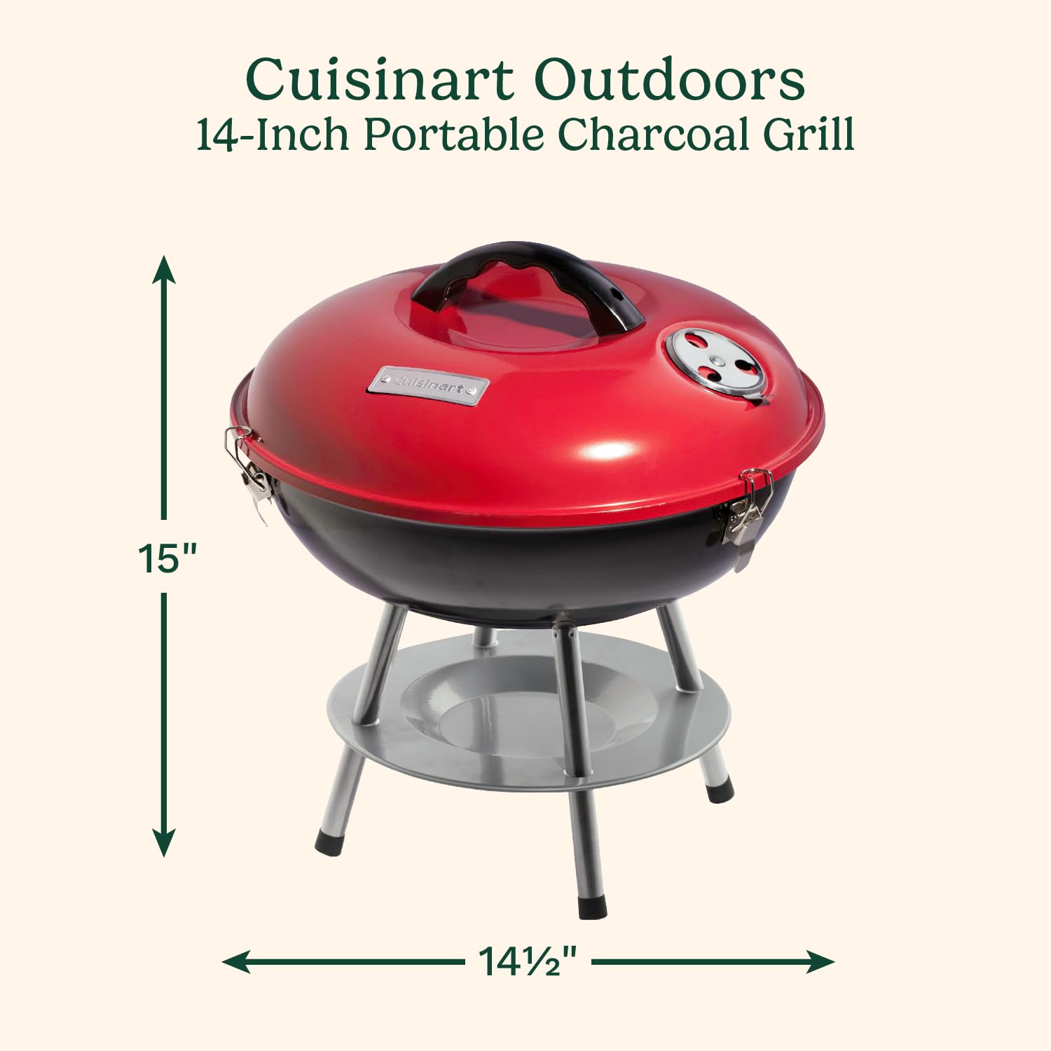 Cuisinart grill front angle with locked lid for secure transport during trips.