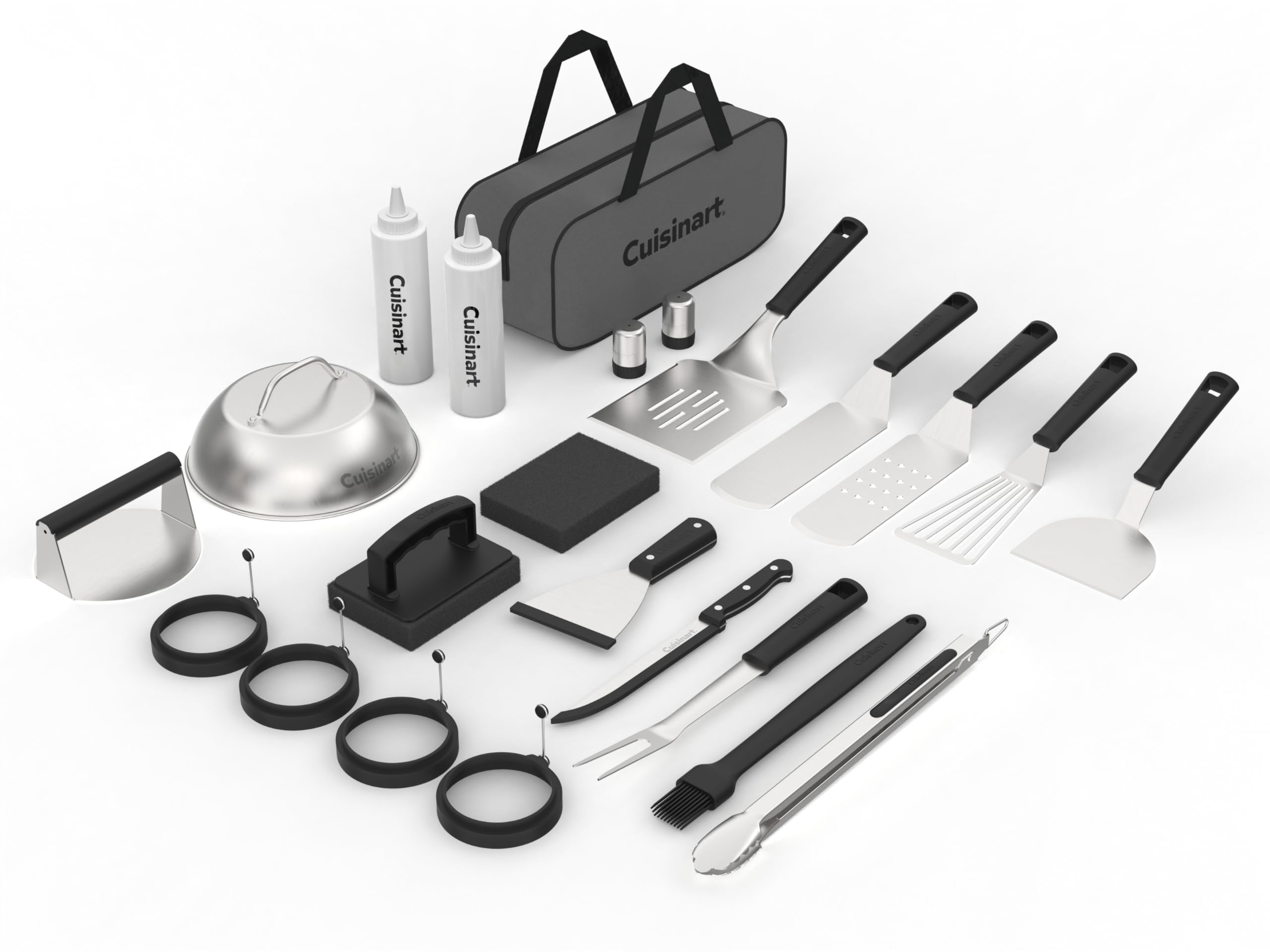 Cuisinart 24-piece griddle tool set with tote for organized grilling.
