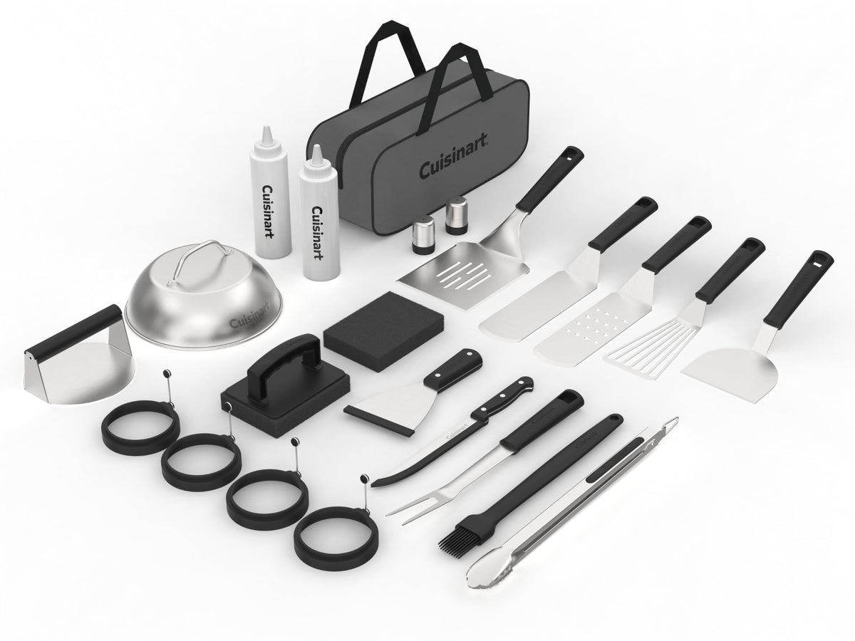 Cuisinart 24-piece griddle tool set with tote for organized grilling.