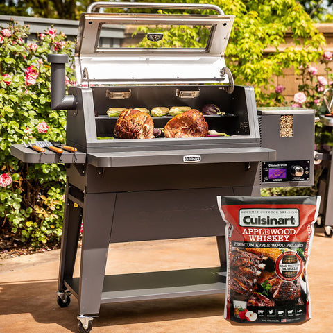 Cuisinart Applewood Whiskey Pellets open bag reveals wood blends enhancing smoke notes.