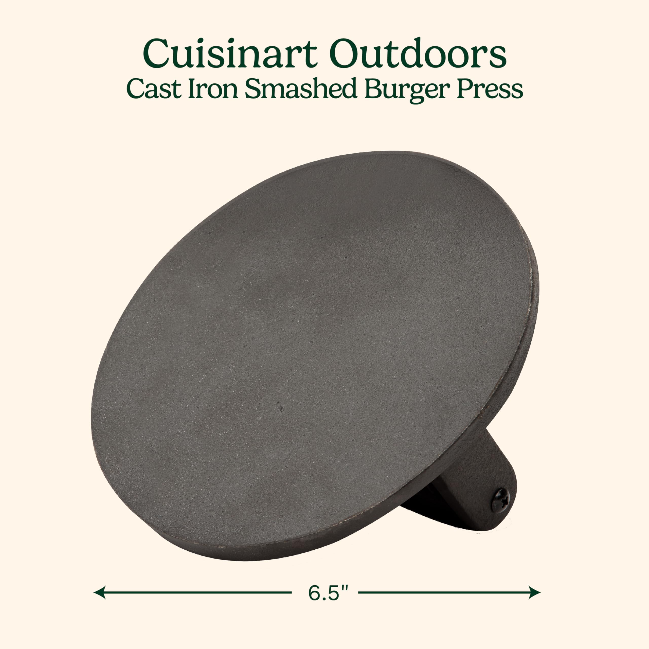 Cuisinart cast-iron 6.5-inch press delivers even pressure for juicy results.