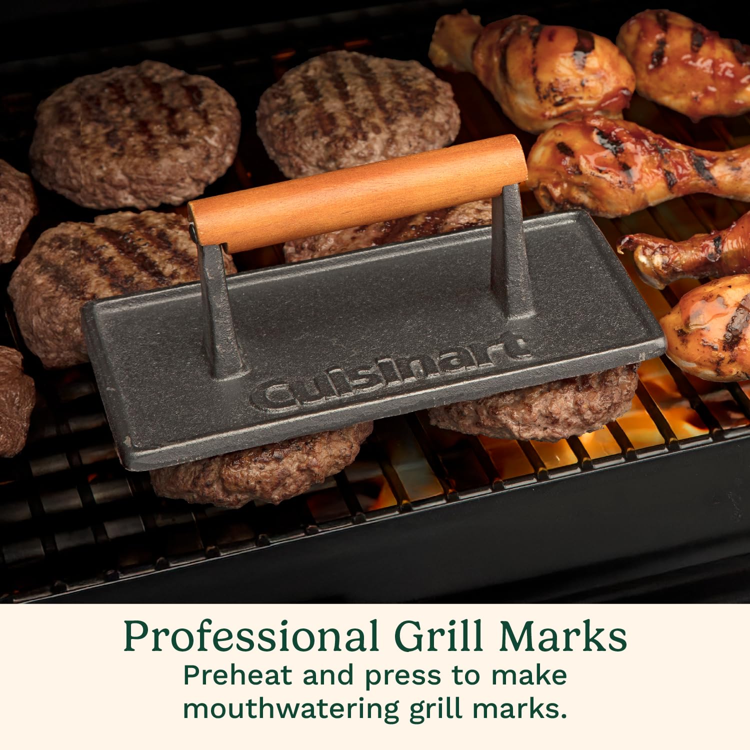 Cuisinart cast iron grill press searing steaks with even heat distribution