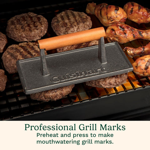 Cuisinart cast iron grill press searing steaks with even heat distribution