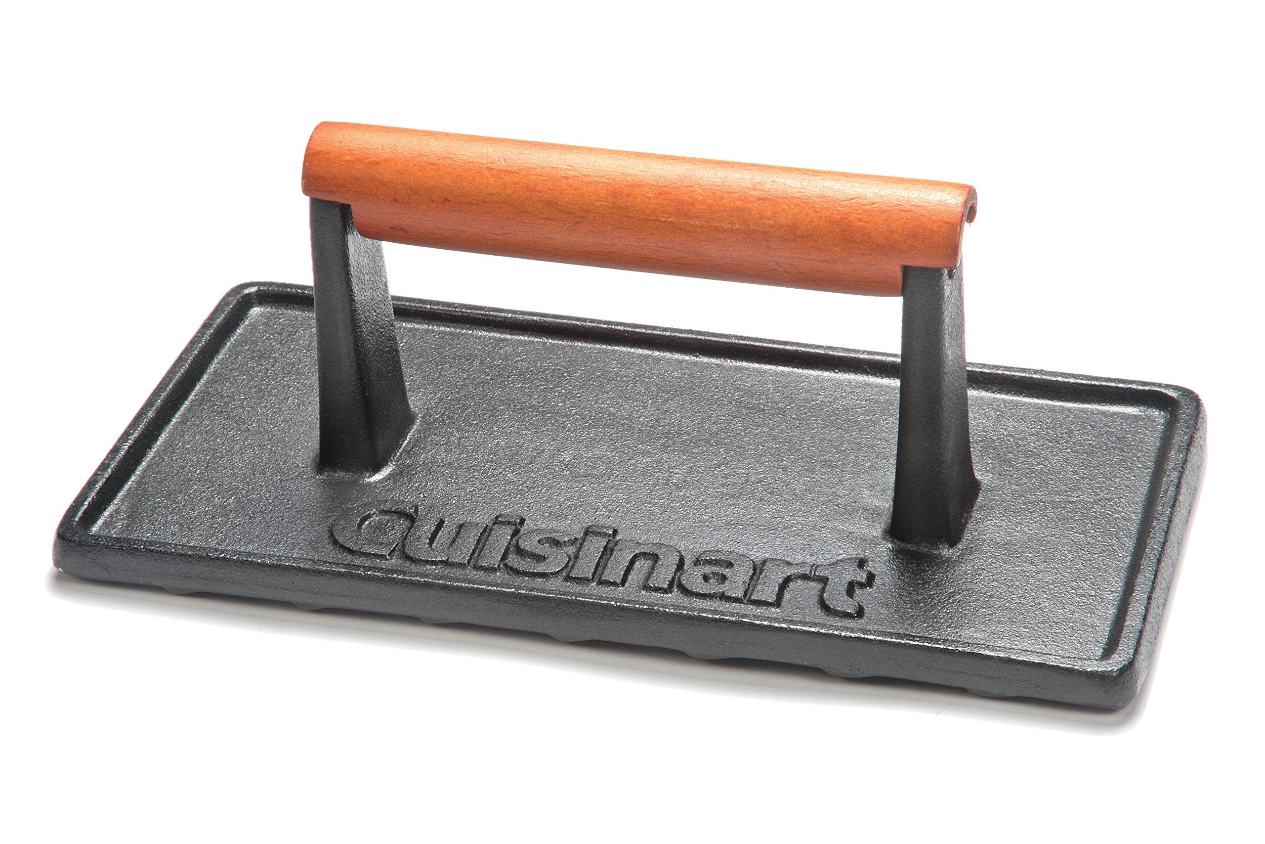 Cuisinart cast iron grill press with wooden handle ready to press burgers for even sear