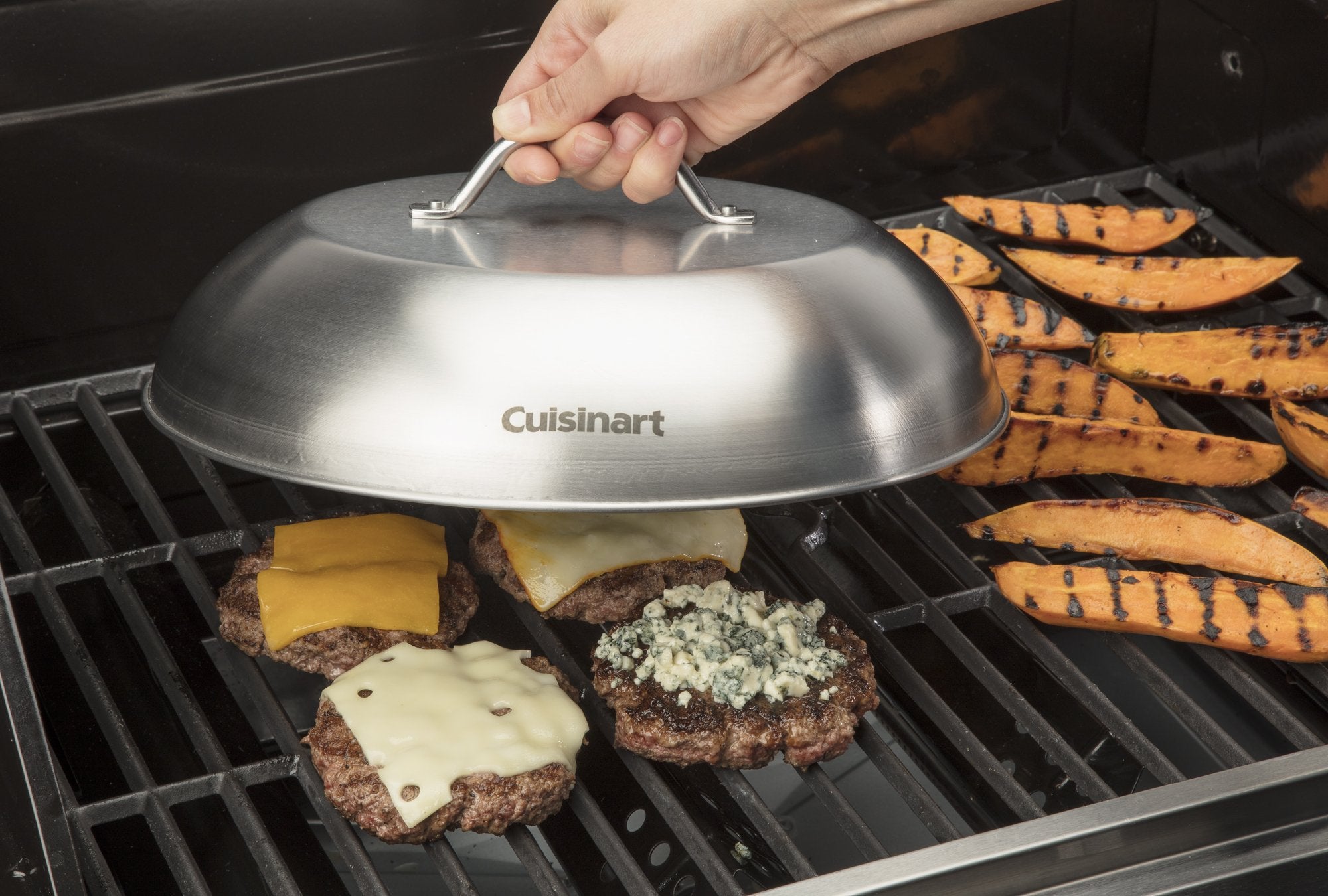 Cuisinart CMD-112 melting dome in stainless steel, a durable tool for cheese melting.