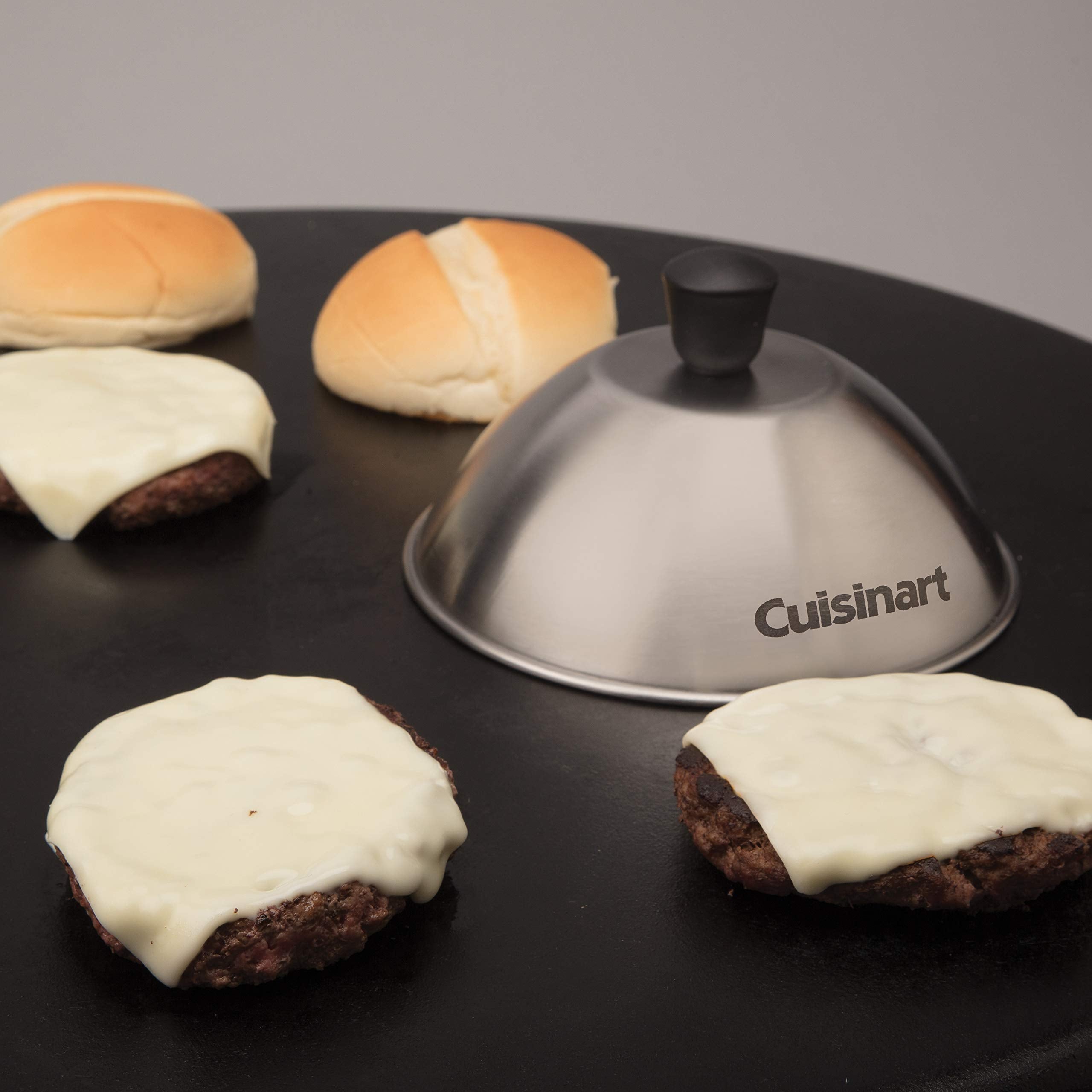 Cuisinart CMD-388 dome fits over a burger patty and a grilled cheese sandwich.
