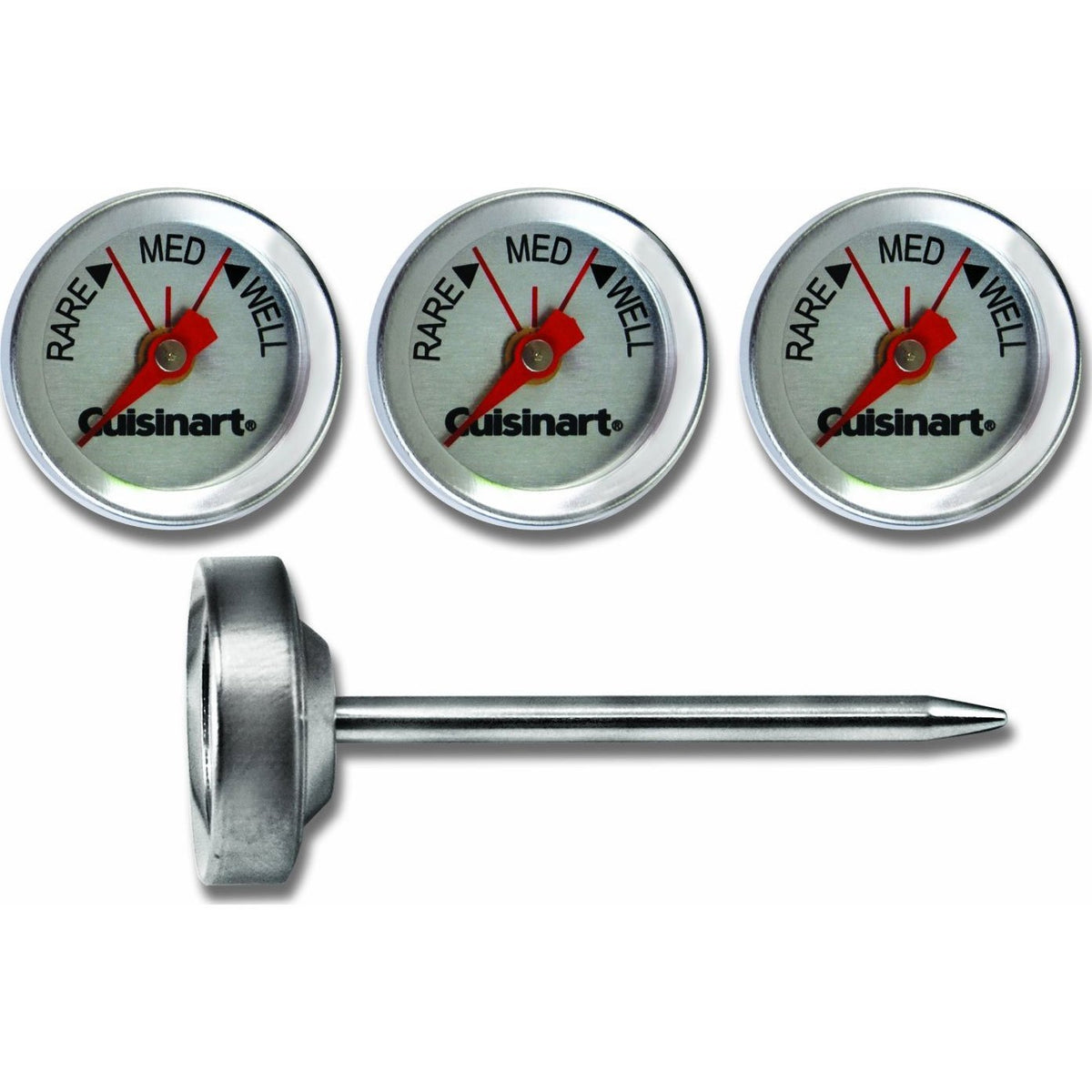 Cuisinart CSG-603 outdoor steak thermometers set demonstrates precise doneness and dishwasher-safe cleanup.