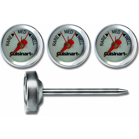 Cuisinart CSG-603 outdoor steak thermometers set demonstrates precise doneness and dishwasher-safe cleanup.