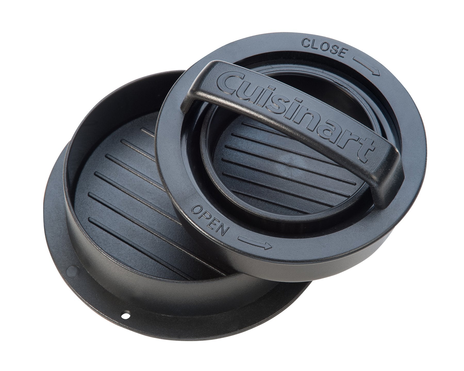 Cuisinart burger press dishwasher-safe top rack for quick cleanup.
