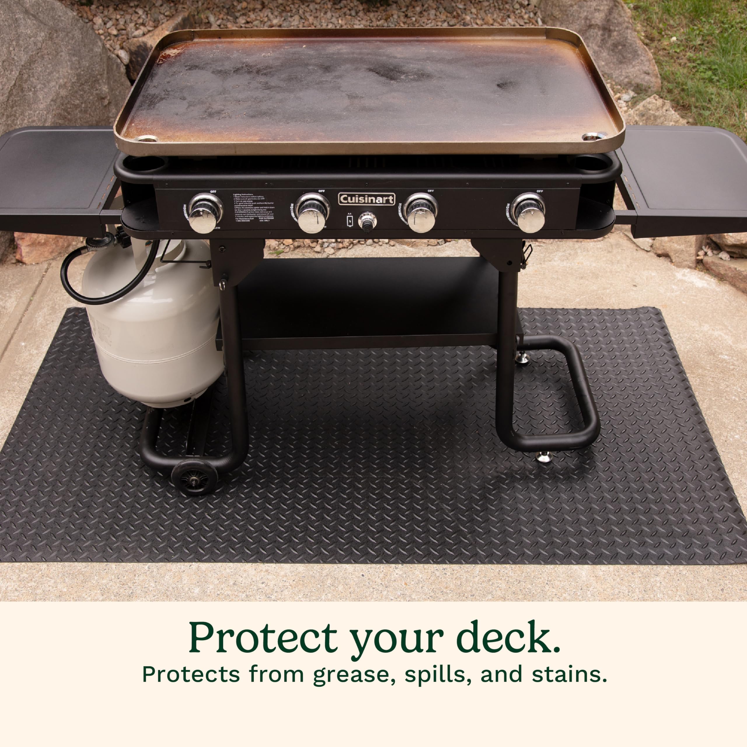 Cuisinart easy-clean outdoor mat being rinsed after grilling.
