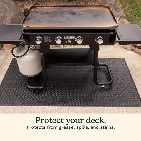 Cuisinart easy-clean outdoor mat being rinsed after grilling.