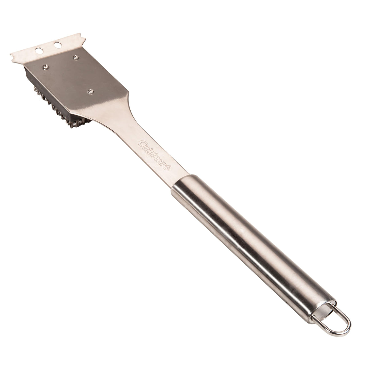 Cuisinart grill brush with long handle reaches tight spots safely for thorough cleaning.