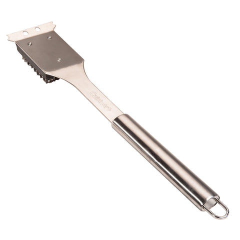 Cuisinart grill brush with long handle reaches tight spots safely for thorough cleaning.