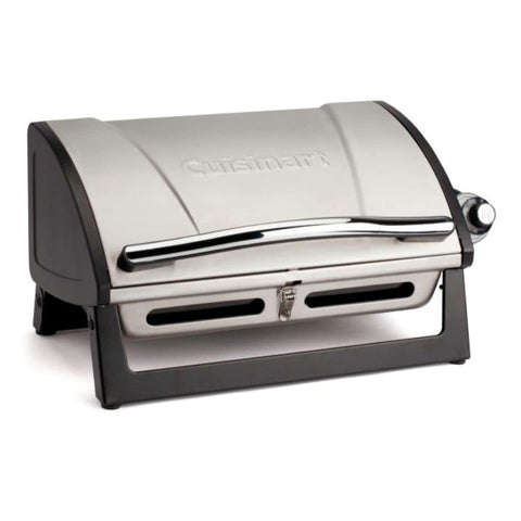 Cuisinart Grillster portable gas grill on tabletop with a spacious 146-square-inch grate for camping