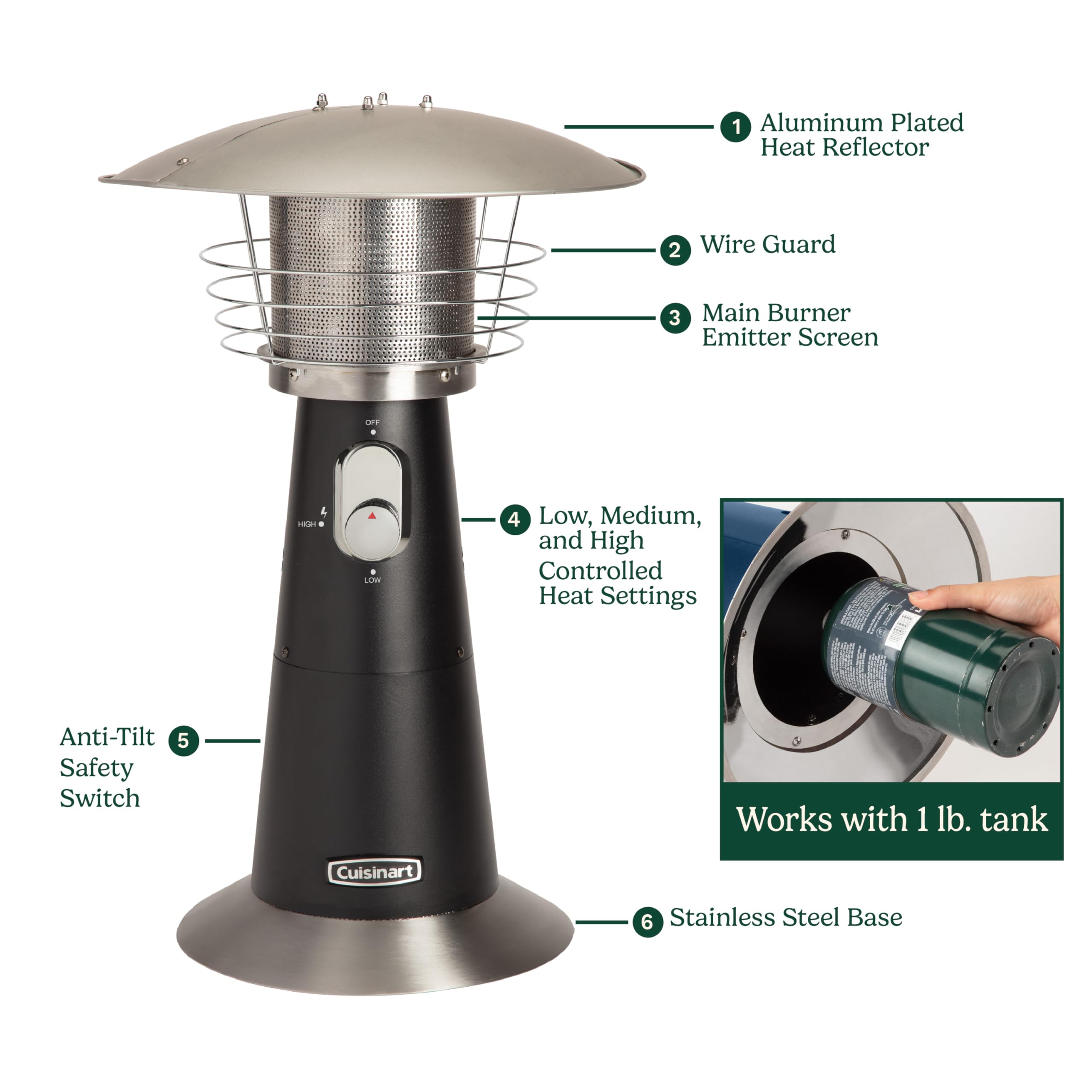 Cuisinart 20 lb tank compatibility extends warmth for longer sessions.