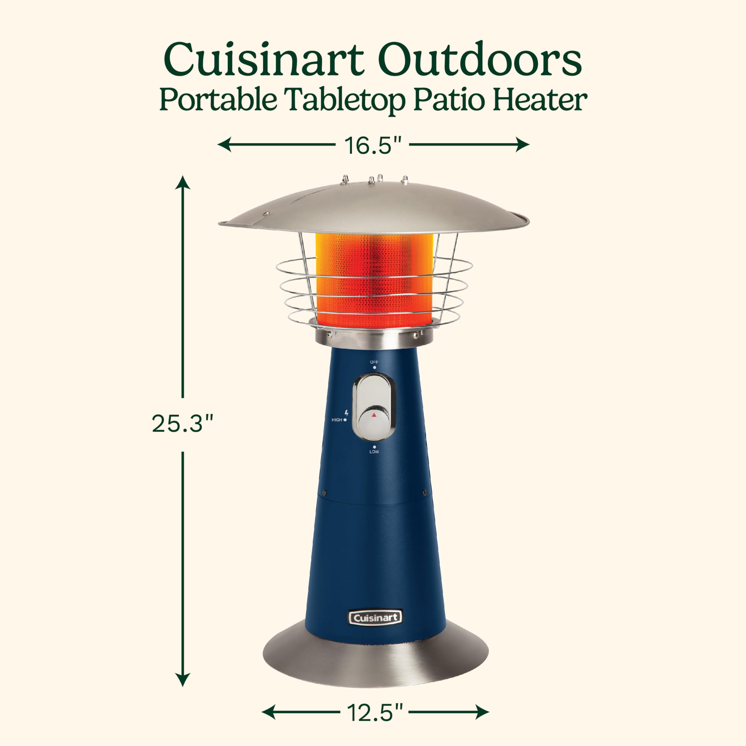 Cuisinart heater with anti-tilt safety switch ensures secure tabletop use.