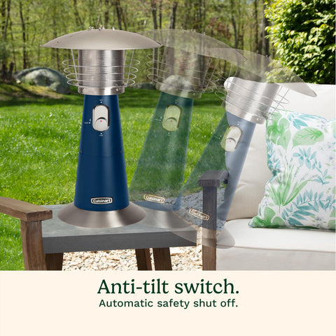 Cuisinart heater shown on a table at a camping or tailgate event.