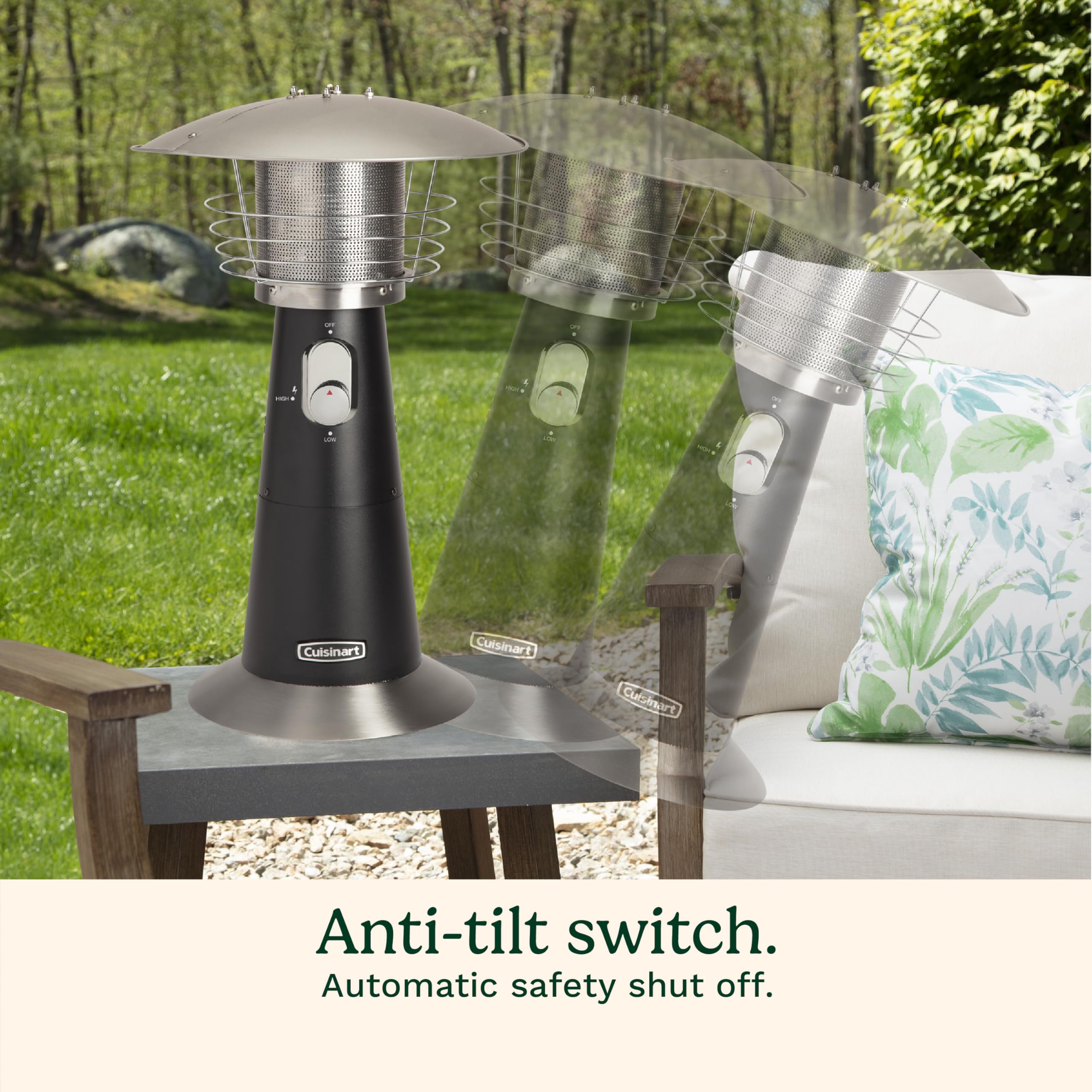 Cuisinart portable outdoor heater easily moves across spaces.